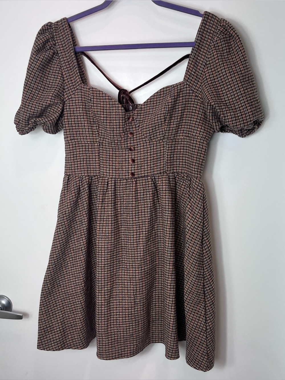 Milkmaid Peasant Brown Plaid Puff-Sleeve Mini Dress Houndstooth Wool Blend Large